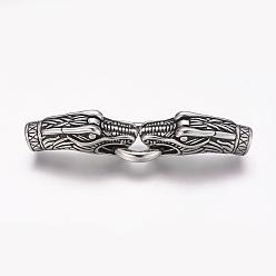 Antique Silver 304 Stainless Steel Spring Gate Rings, O Rings, with Two Cord Ends, Dragon Head, Antique Silver, 76x18x12mm, Half Hole: 8mm