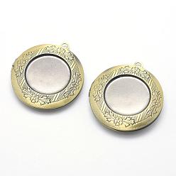 Brushed Antique Bronze Brass Locket Pendants, Photo Frame Charms for Necklaces, Cadmium Free & Nickel Free & Lead Free, Flat Round, Brushed Antique Bronze, 36x32x6mm, Hole: 2mm, Inner Size: 24mm, Tray: 20mm