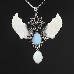 Opalite Gros pendentifs aile d'ange en opalite, breloques étoile avec aile de coquillage, argent antique, 85x75x25mm