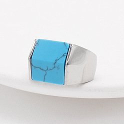 Stainless Steel Color Rectangle Synthetic Turquoise Finger Ring, Stainless Steel Color Titanium Steel Jewelry, Stainless Steel Color, Inner Diameter: 19mm