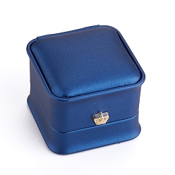 Blue PU Leather Ring Gift Boxes, with Golden Plated Iron Crown and Velvet Inside, for Wedding, Jewelry Storage Case, Blue, 5.85x5.8x4.9cm