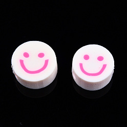Hot Pink Handmade Polymer Clay Beads, Flat Round with Smiling Face, Hot Pink, 9~10x4mm, Hole: 1.2~1.6mm