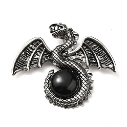 Obsidian Natural Obsidian Big Pendants, Dragon Charms, with Rack Plating Antique Silver Tone Alloy Findings, Cadmium Free & Lead Free, 49x56x12mm, Hole: 6~6.5mm