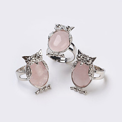 Cuarzo Rosa Anillo de dedo ajustable natural del cuarzo color de rosa, anillos de banda ancha, búho, tamaño de 8, Platino, 18 mm