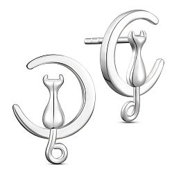 Platinum SHEGRACE Unique Design Rhodium Plated 925 Sterling Silver Stud Earrings, Half Hoop Earrings, with Kitten and Moon, Platinum, 18.14x13mm