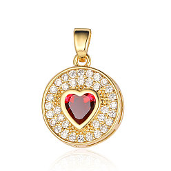 Red Brass Micro Pave Cubic Zirconia Pendants, Flat Round with Heart Charms, Real 18K Gold Plated, Red, 16x14x4.1mm