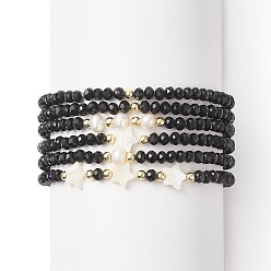 Black 6Pcs 6 Style Natural Shell & Glass Star & Round Beaded Stretch Bracelets Set for Women, Black, Inner Diameter: 2-1/4 inch(5.8cm), 1Pc/style