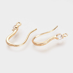 Golden Brass Cubic Zirconia Earring Hooks, with Horizontal Loop, Nickel Free, Real 18K Gold Plated, 16x11x1.5mm, Hole: 1mm, 20 Gauge, Pin: 0.8mm