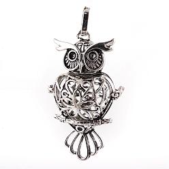Antique Silver Rack Plating Brass Cage Pendants, For Chime Ball Pendant Necklaces Making, Owl, Antique Silver, 51x29x20mm, Hole: 4x7mm, inner measure: 18x20mm