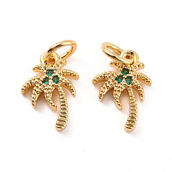 Real 18K Gold Plated Rack Plating Brass Micro Pave Cubic Zirconia Charms, with Jump Ring, Cadmium Free & Lead Free, Coconut Tree, Real 18K Gold Plated, 12x8x2mm, Jump Ring: 5x1mm, Inner Diameter: 3mm
