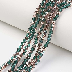 Dark Green Electroplate Transparent Glass Beads Strands, Half Copper Plated, Faceted, Rondelle, Dark Green, 3x2mm, Hole: 0.8mm, about 150~155pcs/strand, 15~16 inch(38~40cm)
