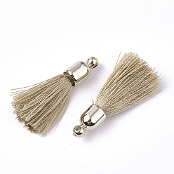 Tan Polyester Tassel Pendant Decorations, with CCB Plastic Findings, Light Gold, Tan, 25~30x6mm, Hole: 1.5mm