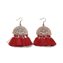 Red Copper Alloy Half Round with Tassels Dangle Earrings, Iron Long Drop Earrings for Women, Red Copper, 74.5mm, Pin: 0.6mm