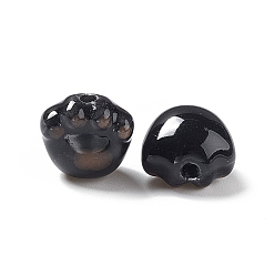 Черный Ручной печатный шарики фарфора, отпечатки кошачьих лап, чёрные, 12x12x9 мм, отверстие : 2 мм