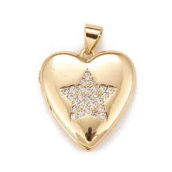 Clear Brass Micro Pave Cubic Zirconia Locket Pendants, Photo Frame Charms for Necklaces, Real 18K Gold Plated, Lead Free & Cadmium Free, Heart with Star, Clear, 20.5x19x5mm, Hole: 4x3mm, Inner Diameter: 12x13.5mm
