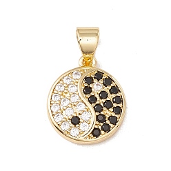 Black Brass Micro Pave Cubic Zirconia Charms Real 18K Gold Plated, Cadmium Free & Lead Free, Yinyang, Black, 14x12x3mm, Hole: 3x4mm