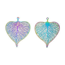 Rainbow Color Ion Plating(IP) 304 Stainless Steel Filigree Pendants, Etched Metal Embellishments, Leaf, Rainbow Color, 39x30x0.2mm, Hole: 1.6mm