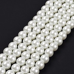 White Eco-Friendly Glass Pearl Beads Strands, Grade A, Round, Dyed, Cotton Cord Threaded, White, 12mm, Hole: 1.2~1.5mm, about 34pcs/strand, 15.7 inch