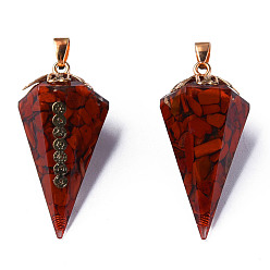 Red Jasper Natural Red Jasper Chip Pendants, Cone Charm, with Resin and Light Gold Plated Brass Findings, 39x19x19mm, Hole: 3x4mm