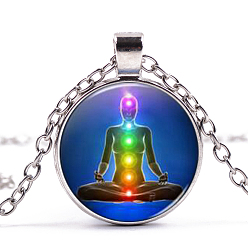 Light Gold Chakra Theme Yoga Human Glass Pendant Necklace, Alloy Jewelry for Women, Light Gold, 15.75 inch~19.69 inch(40~50cm)