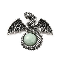 Green Aventurine Natural Green Aventurine Big Pendants, Dragon Charms, with Rack Plating Antique Silver Tone Alloy Findings, Cadmium Free & Lead Free, 49x56x12mm, Hole: 6~6.5mm