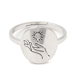 Stainless Steel Color 304 Stainless Steel Adjustable Rings, Sun & Hands, Stainless Steel Color, US Size 6(16.5mm)