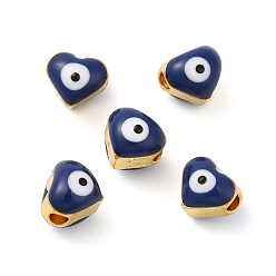 Prussian Blue Golden Tone Brass Enamel Beads, Cadmium Free & Lead Free, Long-Lasting Plated, Heart with Evil Eye, Prussian Blue, 6x7x6mm, Hole: 2mm