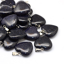 Blue Goldstone Heart Synthetic Blue Goldstone Pendants, with Platinum Tone Brass Findings, 20~22x20~21x5~8mm, Hole: 2x7mm