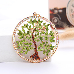 Emerald Rhinestone Flat Round with Tree of Life Pendant Keychain, with Alloy Findings, Emerald, 6.7x6.7cm