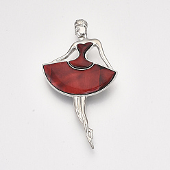 Red Shell Brooches/Pendants, with Resin Bottom and Alloy Findings, Dancer, Platinum, Red, 79x44x9.5mm, hole: 7x4mm, Pin: 0.7mm