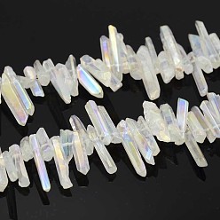 AB Color Plated Natural Electroplated Quartz Crystal Beads Strands, Nuggets, AB Color Plated, Size: about 5~10mm wide, 15~40mm long, 4~8mm thick, hole: 1mm, 15 inch