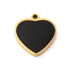 Noir 304 Bijoux émaillés en acier inoxydable, charme coeur, or, noir, 11x11x1.4mm, Trou: 1mm
