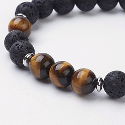Tiger Eye Natural Tiger Eye Stretch Bracelets, with Brass Bead Spacers, Round, 2 inch(52mm)