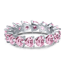 Pink Кольцо на палец с родиевым покрытием 925 из стерлингового серебра с паве из циркония, штабелируемые кольца для женщин, сердце, Реальная платина, розовые, 4.5 мм, размер США 7 (17.3 мм)