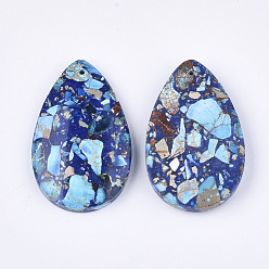 Blue Assembled Synthetic Imperial Jasper and Natural Lapis Lazuli Pendants, Dyed, teardrop, Blue, 48x30~30.5x7mm, Hole: 1.4mm