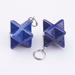 Lapis Lazuli Natural Lapis Lazuli Pendants, with 201 Stainless Steel Split Rings, Stainless Steel Color, Merkaba Star, 23~24x17~17.5x20mm, Hole: 6mm