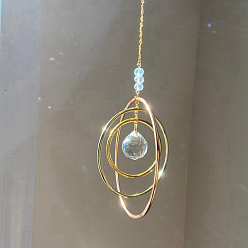 Golden Glass Teardrop & Iron Ring Pendant Decorations, Hanging Suncatchers, for Home Garden Decorations, Golden, 300mm