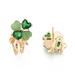 Green Brass Stud Earring Findings, with Glass, for Half Drilled Beads, Clover, Real 18K Gold Plated, Cadmium Free & Nickel Free & Lead Free, Green, 17x12mm, Pin: 0.7mm and 0.8mm(for half drilled beads)