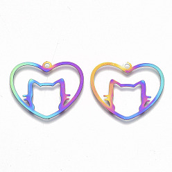 Rainbow Color Ion Plating(IP) 201 Stainless Steel Pendants, Etched Metal Embellishments, Heart with Cat, Rainbow Color, 26x30x0.3mm, Hole: 2mm
