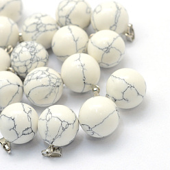 Howlite Round Natural Howlite Pendants, with Platinum Tone Brass Findings, 17~19x13~14mm, Hole: 2x7mm