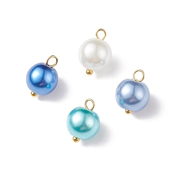 Royal Blue Glass Pearl Pendants, with Golden Plated Brass Findings, Round, Royal Blue, 11x8.5mm, Hole: 2mm