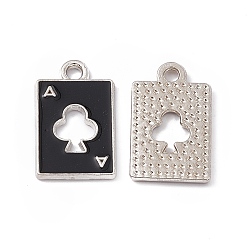 Black Alloy Pendant, with Enamel, Rectangle with Ace of Spades Charm, Platinum, Black, 18x11x1mm, Hole: 1.8mm