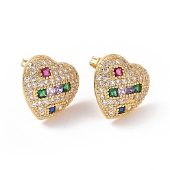Real 18K Gold Plated Colorful Cubic Zirconia Heart Stud Earring, Brass Jewelry for Women, Real 18K Gold Plated, 14x14mm, Pin: 0.7mm