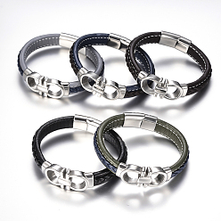 Couleur Mélangete Tressés bracelets cordon en cuir pour hommes, avec 304 accessoires en acier inoxydable et les fermoirs magnétiques, couleur mixte, 8-5/8 pouces (220 mm)