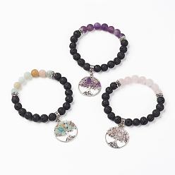 Mixed Stone Natural Gemstone Charm Bracelets, with Tibetan Style Alloy Pendants, Lava Rock Beads and Lotus Spacer Beads, Tree of Life, Antique Silver, 2-1/8 inch(54mm)