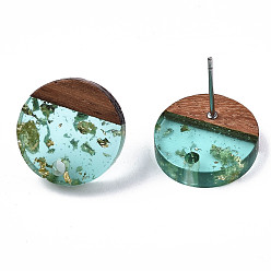 Pale Turquoise Transparent Resin & Walnut Wood Stud Earring Findings, with 304 Stainless Steel Pin and Gold Foil, Flat Round, Pale Turquoise, 14mm, Hole: 1.8mm, Pin: 0.7mm