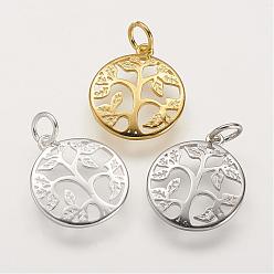 Mixed Color 925 Sterling Silver Pendants, Flat Round with Tree of Life Tree, Mixed Color, 16x14x2mm, Hole: 3mm