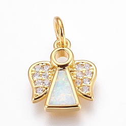 White Brass Cubic Zirconia Pendants, with Synthetic Opal, Angel, Golden, White, 14.5x12x2.5mm, Hole: 4mm