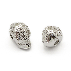 Real Platinum Plated Brass Micro Pave Grade AAA Cubic Zirconia Beads, Cadmium Free & Nickel Free & Lead Free, Skull, Clear, Real Platinum Plated, 13x8.5x10mm, Hole: 3mm