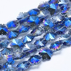 Azul Chapado Abalorios de vidrio electrochapa, medio chapado, facetados, copo de nieve, azul chapado, 12~12.5x14x8~8.5 mm, agujero: 1 mm, sobre 25 unidades / cadena, 12 pulgada (30.5 cm)